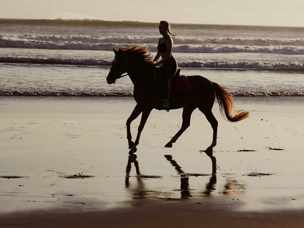 Teku Boutique Hotel a Bari Sardo – l’Ogliastra più autentica Una persona a cavallo attraversa la spiaggia bagnata, con le onde sullo sfondo